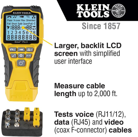 VDV501-851 Cable Tester Kit with Scout Pro 3 for Ethernet / Data, Coax / Video and Phone Cables, 5 Locator Remotes, Yellow