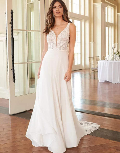 Load image into Gallery viewer, Lace Beach Wedding Dresses for Bride 2022 with Sleeves Long Train Boho Split Sheer Beach Bridal Gowns for Women
